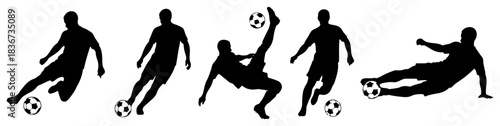 Soccer player silhouettes set featuring athletes kicking dribbling performing bicycle kick and sliding tackle with ball