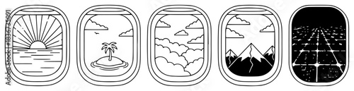 Airplane window view collection featuring sunset tropical island clouds mountains and night city line art vector