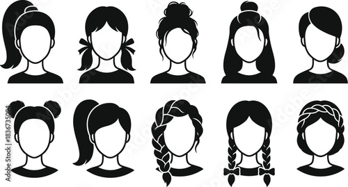 Female hairstyle silhouette, ponytail, bun, braid, updo, fashion icon, beauty concept, hair design, vector art, black illustration, editable