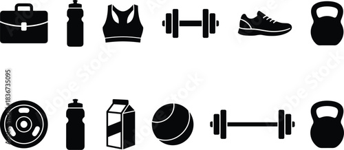 Fitness icons, gym equipment, workout gear, hydration, nutrition, silhouette style, health symbols, exercise tools, black vector, active lifestyle graphics