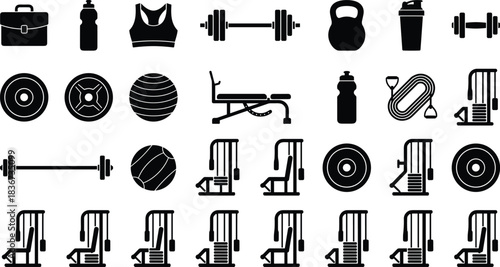 Fitness icons, gym equipment, workout symbols, dumbbell, kettlebell, sports gear, exercise tools, training items, health icons, gym machines, active lifestyle, fitness gear, weightlifting symbols