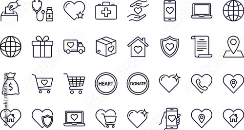 Healthcare icons, charity symbols, donation graphics, heart elements, medical support, global care, shopping, location, communication, outline style, blue theme