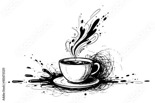 Hand drawn coffee cup vector illustration with abstract ink splashes and steam swirls sketch style