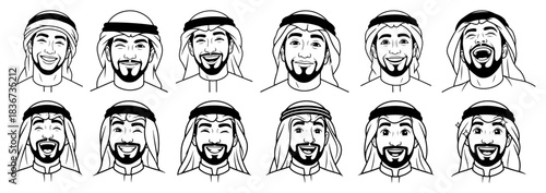 Arab man character face avatar set featuring various happy and smiling facial expressions wearing traditional keffiyeh