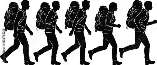 Hiking silhouette, backpacker walking, outdoor adventure, trekking motion, travel gear, wilderness journey, active lifestyle, nature trail, camping equipment, exploration