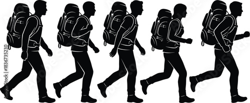 Hiking, trekking, backpacking, outdoor adventure, walking, running, motion, silhouette, travel gear, nature, fitness, dynamic movement, journey, exploration, wilderness, active lifestyle, camping