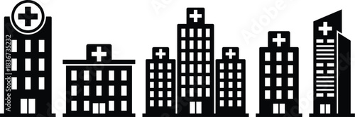 Hospital buildings silhouette, healthcare infrastructure, medical centers, urban health design, emergency services, clinic architecture, public health, modern hospitals, city hospitals