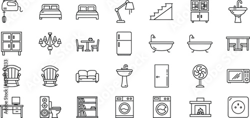 household icons, furniture symbols, interior items, home essentials, kitchen tools, bathroom fixtures, living room, bedroom, appliance, vector illustration