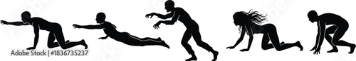 Human evolution silhouette, crawling posture, crouching movement, transformation stages, male and female figures, abstract concept, black shadow, progression theme