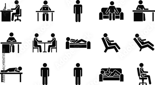 human posture icons, ergonomic silhouette set, sitting standing lying, office activity symbols, workplace behavior, black vector illustrations, ui design elements
