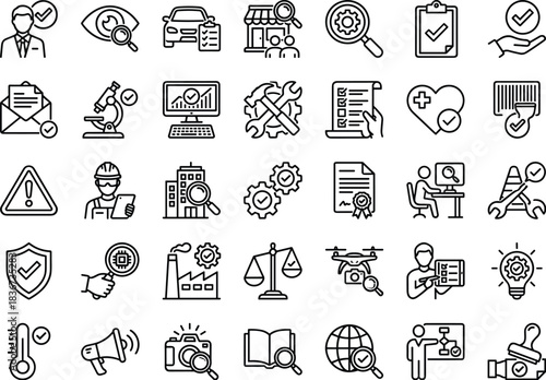 Inspection, compliance, certification, safety, audit, analysis, validation, quality control, business icons, technology, science, process, approval, standards, review, management, engineering