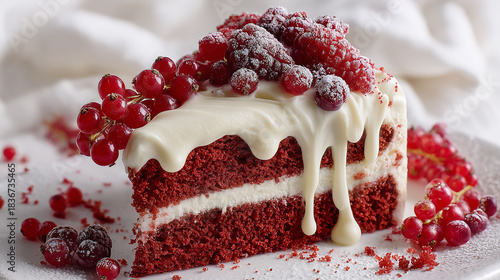 A slice of red velvet cake with whipped cream and berries on top