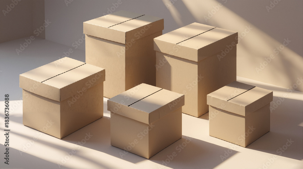 Fototapeta premium Kraft boxes arranged isometrically on gradient — packaging mockup set, 3D-stylized render