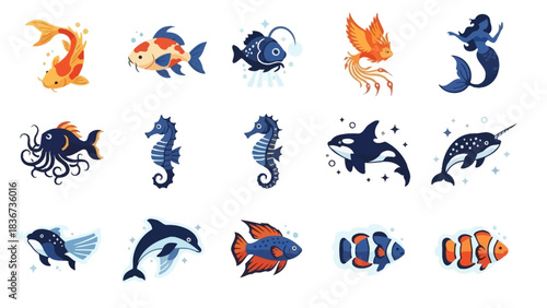 Cartoon underwater creatures and mythological characters in a vector illustration