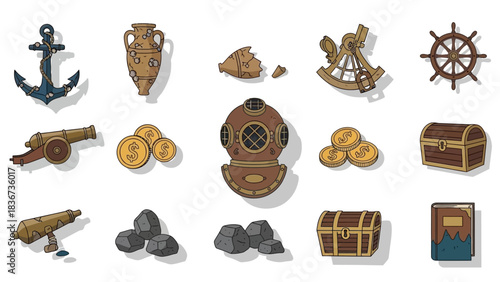 Cartoon nautical elements with anchor, vase, coins, cannon, and treasure chest symbols