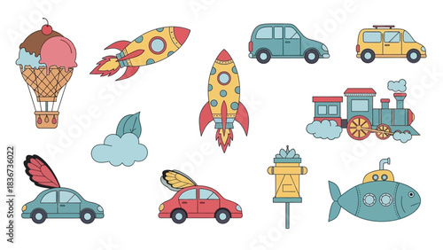Cartoon vector set featuring a variety of transportation and travel themed elements