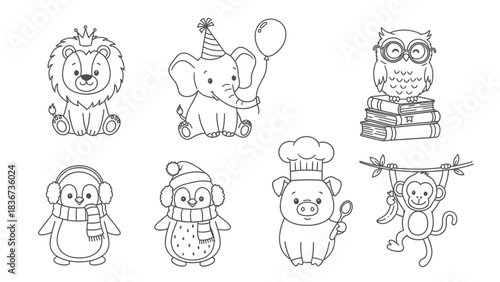 Charming Cute Animal Doodles Illustration for Children's Coloring and Storytelling Designs