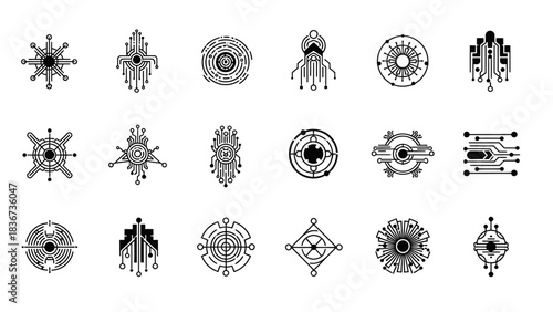 Collection of abstract futuristic technology circuit logos and emblems for innovation branding and
