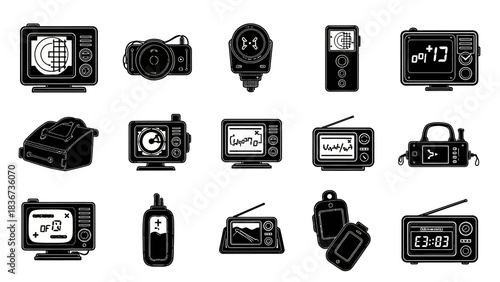 Collection of Antique Electronic Devices, Black and White Retro Technology Clipart