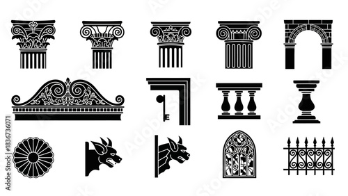 Collection of architectural decorative elements in black and white vector format showing various