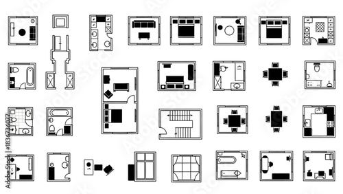 Collection of architectural drawings showcasing house floor plans and room layouts in monochrome