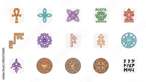 Collection of ancient and mystical symbols representing different cultures and beliefs