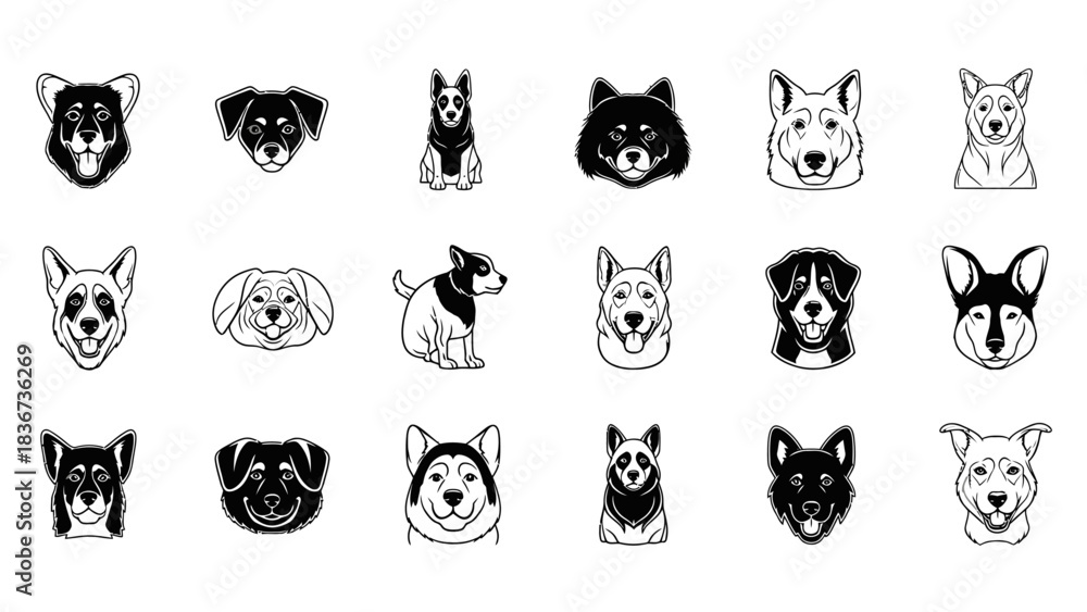 Fototapeta premium Collection of cute dog breed illustrations in black and white minimalist style