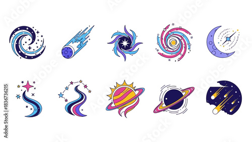 Collection of colorful space themed vector icons featuring planets, stars and celestial bodies