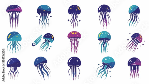 Collection of Colorful Jellyfish Vector Illustrations with Space and Galaxy Theme