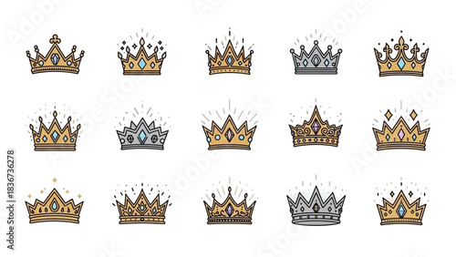 Collection of decorative crowns set on white background offering luxury and royalty
