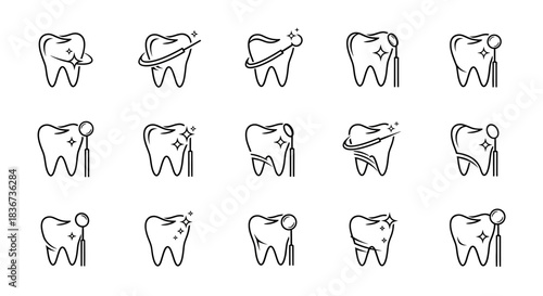 Collection of Dental Icons with Clean Tooth Illustrations and Examination Tools