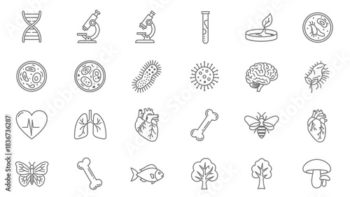 Collection of diverse line art icons representing biology, medicine, and nature elements