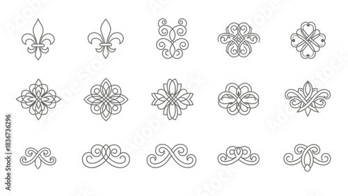 Collection of delicate and elegant line art design elements with floral inspiration