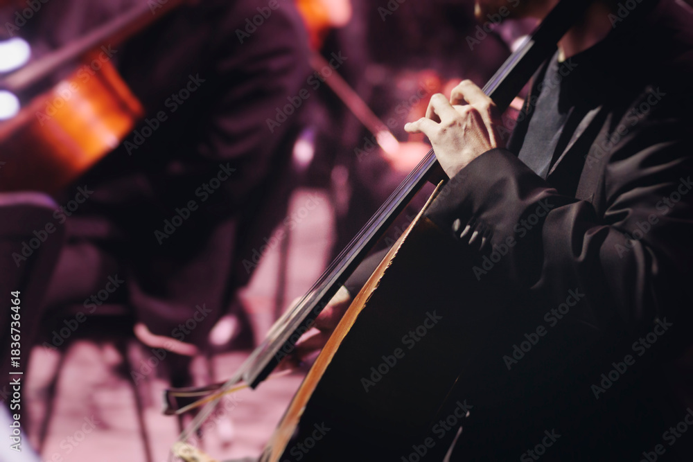 Fototapeta premium Concert view of contrabass violoncello player with vocalist and musical band during string concert, jazz orchestra performing music, violoncellist cello jazz player on stage in club, music arena hall