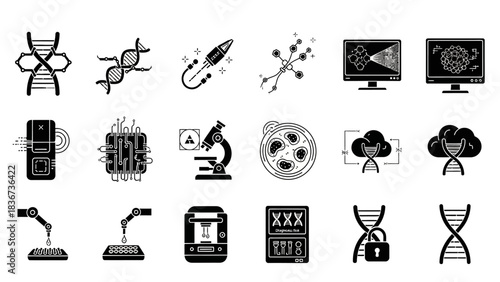 Collection of icons representing biotechnology, science, and technological advancement