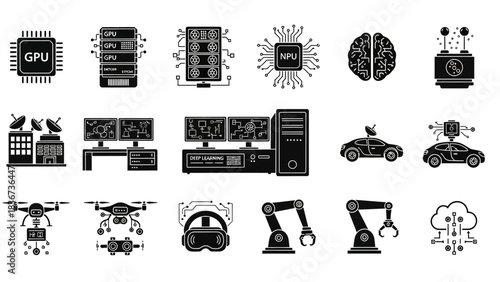 Collection of innovative technology icons representing artificial intelligence concepts and robotics