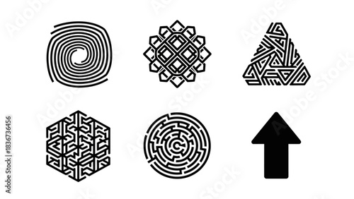 Collection of intricate maze designs and geometric patterns on a white background