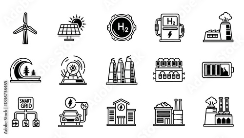 Collection of line art icons showcasing diverse sources of energy and infrastructure