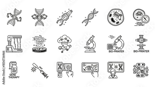 Collection of line art icons illustrating various biotechnological and scientific research concepts