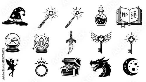 Collection of Magical Elements and Fantasy Icons in Black and White Style Artwork