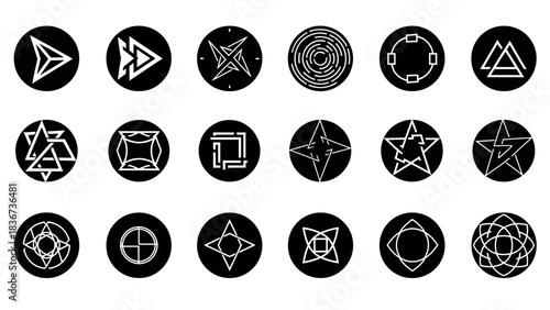 Collection of minimalist geometric shapes and patterns in black and white circle backgrounds