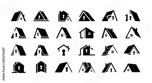Collection of minimalist house roof logos with keyhole design concepts for real estate company