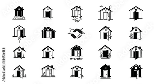Collection of minimalist house icons with open doors representing real estate concepts and home
