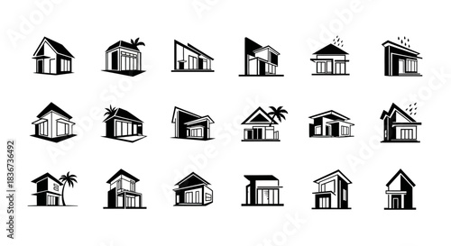 Collection of minimalist house icon set, representing modern residential architecture