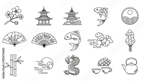 Collection of oriental icons representing culture with temple building and nature