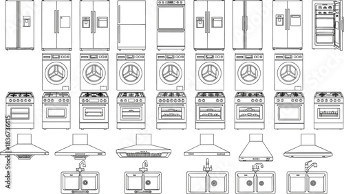 kitchen appliances, laundry machines, modern refrigerator, gas range, electric oven, washing machine, range hood, kitchen sink, home interior, appliance set