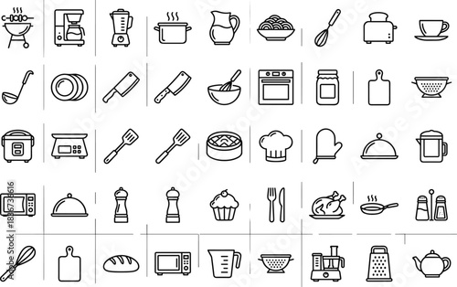 Kitchen icons, cooking tools, culinary equipment, food preparation, cookware, utensils, appliances, chef gear, baking items, restaurant essentials, kitchenware, kitchen symbols