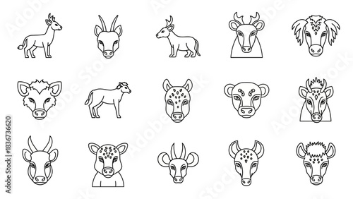 Collection of outline animal icons, displaying diverse animal heads and full body images,