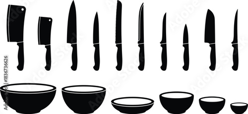 Kitchen knives, chef tools, cooking utensils, food preparation, culinary equipment, stainless steel, bowls, cleavers, paring knives, serrated blades