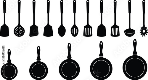 Kitchen utensils silhouette, cooking tools vector, black cookware icons, spatula spoon ladle, frying pan set, culinary equipment illustration